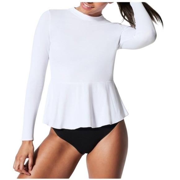 SPANX Swim Crisp White Pique Long Sleeve Peplum Swim Shirt Top XL NWT $79 - Picture 1 of 7